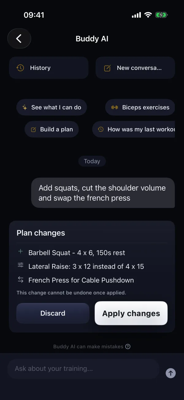 Buddy AI lays out plan changes with an Apply changes button