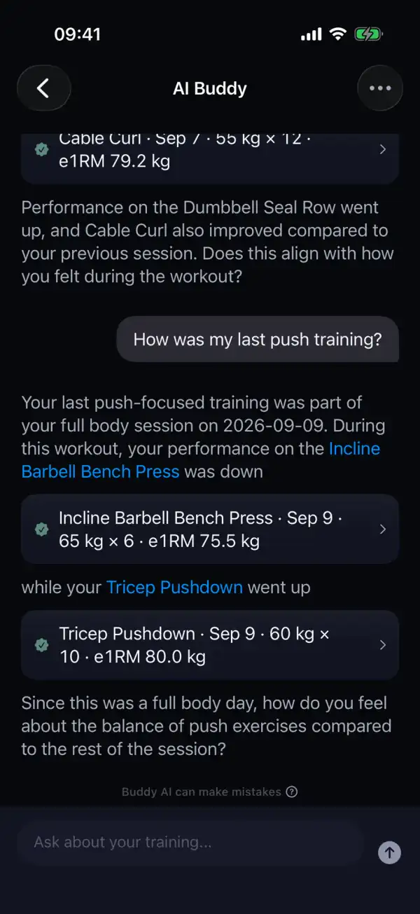 Buddy AI conversation about your last workout