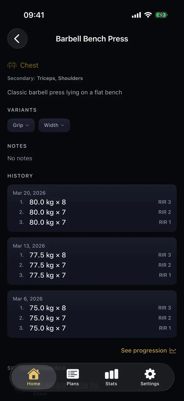Exercise detail with variants